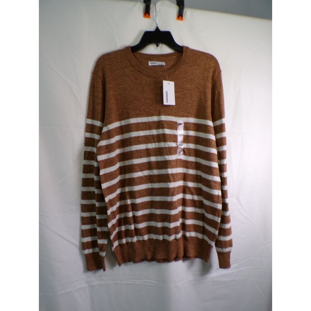 SONOMA Men's L Brown White Striped Crew Neck Pullover Sweater RN73277